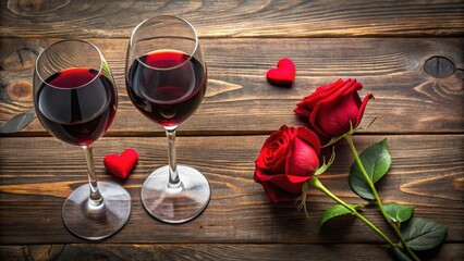 A romantic setting featuring two glasses of red wine and two red roses on a wooden table, symbolizing love and celebration