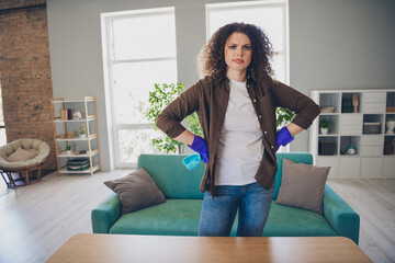 Closeup photo of attractive housewife young woman alone in living room near wooden table tired indoors comfortable loft apartment