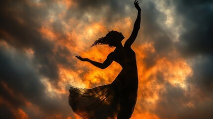 Silhouetted woman with arms raised in a dramatic pose against a vibrant sunset sky.