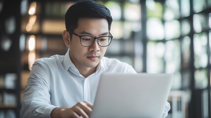 Wall Mural - A young man in a white shirt and glasses using a laptop