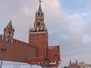 Wall Mural - The Spasskaya Tower of the Moscow Kremlin, overlooking the Red Square. The gate to the Moscow Kremlin. The defensive wall surrounding the Kremlin. The chimes on the Spasskaya Tower.