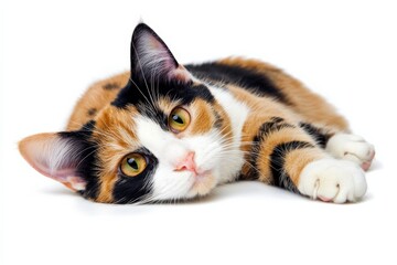 Wall Mural - Calico Cat: Beautiful Domestic Cat Laying Down in High Key Indoor Setting