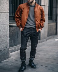 A stylish man stands confidently on a city street wearing a trendy orange bomber jacket, gray sweater, black pants, and boots, showcasing modern urban fashion.