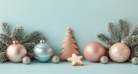 Christmas Banner. Flat lay featuring baubles, a small Christmas tree figurine, and a star-shaped cookie arrangement in the border frame of a pastel color background