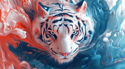 Wall Mural - a stylized depiction of a tiger surrounded by swirling blue and red colors.