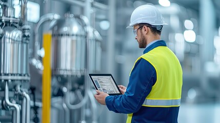 Industrial worker inspecting equipment with tablet, factory setting.