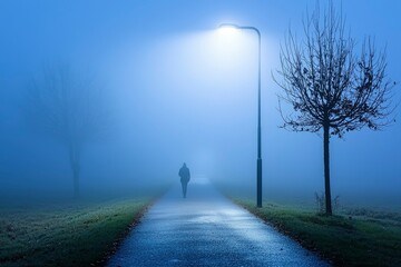 Solitary Figure Walking on a Foggy Path Illuminated by a Streetlight