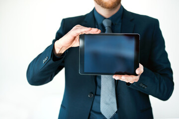 Poster - App, hands and tablet screen with business man in office for advertising, information or marketing. Internet, social media and technology with employee person showing mockup space in workplace