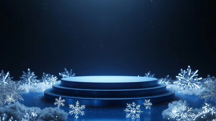 Poster - The stage is set with a circular platform surrounded by shimmering snowflakes, illuminated by a soft blue light. The tranquil atmosphere evokes a sense of winter magic, perfect for a seasonal event.