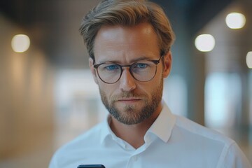 Male executive using mobile phone in office, Generative AI