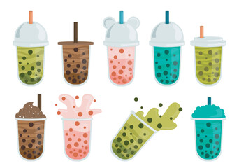 Set of bubble tea. Traditional asian hot drinks. Cafe or coffee shop menu. Cocktail and beverage with tapioca. Dessert and delicacy. Flat vector collection