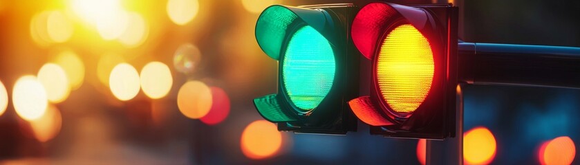 A traffic light displays green and yellow signals against a blurred urban background, symbolizing movement and caution in city life.