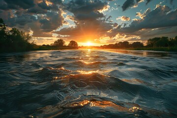 Wall Mural - Serene Sunset Over a Tranquil River with Reflections and Dramatic Clouds