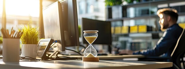 a man works at a computer on a desk in the sand. Selective focus