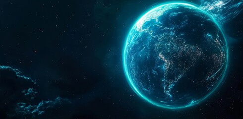 The concept of digital marketing is illustrated with a futuristic illustration of a blue globe with rays.