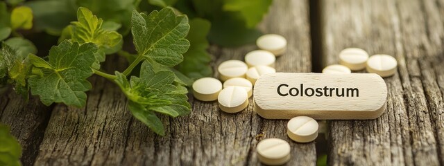 jar and pills of colostrum on the table. Selective focus