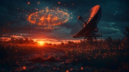 Poster - futuristic satellite dish tracking system featuring holographic signal paths floating above the slee