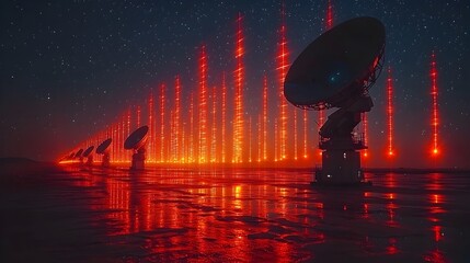 Poster - futuristic satellite dish tracking system with holographic signal paths floating above the equipment