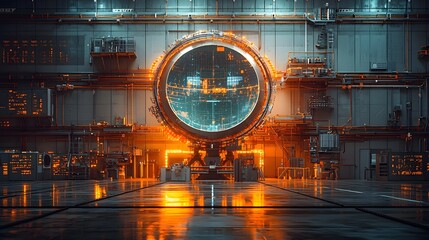 Poster - A photograph showcasing a futuristic satellite dish installation in a high tech facility featuring holographic signal visualizations projected above the advanced equipment