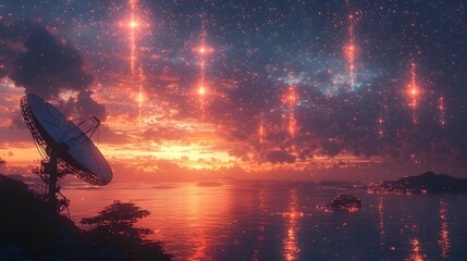 Poster - satellite dish projecting holographic signals into the sky over the coastal landscape plenty of spac