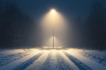 Wall Mural - A Single Streetlight Illuminates a Snowy Road Through Foggy Woods at Night