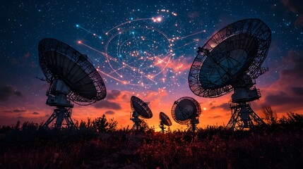 Poster - satellite dish next to state of the art research facility with holographic data visualization and si