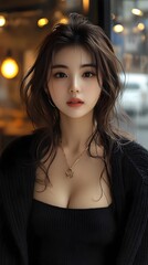 Striking portrait of a confident and radiant young Korean female model showcasing her natural beauty elegant style and captivating expression in a professional studio setting