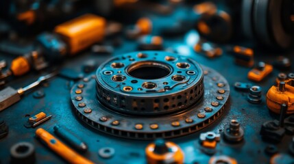 Poster - A variety of mechanical parts are meticulously organized on a workbench, highlighting the precision and complexity of engineering work in a workshop environment.