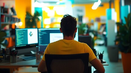 entrepreneurs coding and developing software in a vibrant tech startup environment