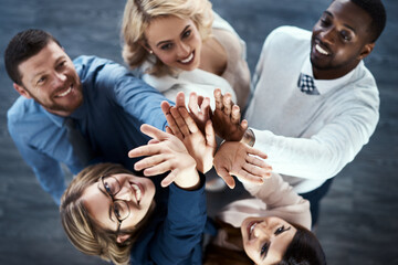 Aufkleber - Business people, above or high five for motivation, collaboration or support for insurance company. Huddle, office target or staff with hands together for synergy, teamwork or solidarity in workplace