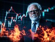 © MNFTs - Serious businessman in front of a fire and stock market graph, intense financial background.