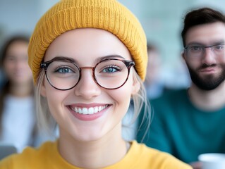 Smiling young woman wearing glasses and a yellow beanie, with a blurred background of a group.