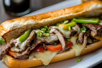 Wall Mural - A Philly cheese steak sandwich with fresh vegetables