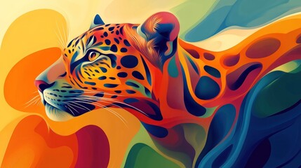 Wall Mural - a vibrant, stylized depiction of a jaguar's head in a colorful abstract background.