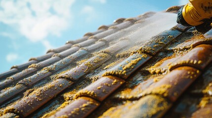 Roof tiles being cleaned by a high-pressure water cleaner, effectively removing dirt buildup for a pristine look