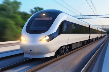 High-speed train in motion on railway tracks, blur effect to convey speed.