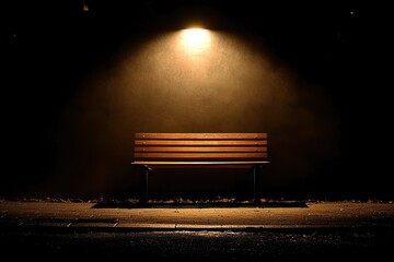 Wall Mural - A Lonely Wooden Bench Illuminated by a Streetlight at Night