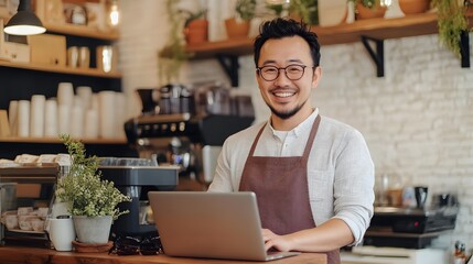 Wall Mural - Smiling Barista Working on Laptop in a Coffee Shop