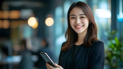 Wall Mural - Smiling Woman in a Blazer Holding a Smartphone