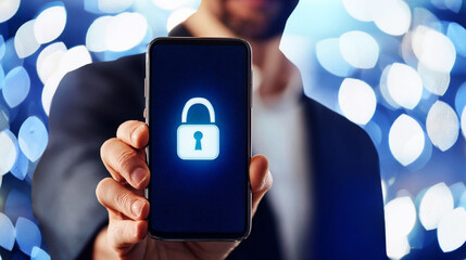 Geschäftsmann mit einem Smartphone in der Hand, Schlosssymbol auf dem Display