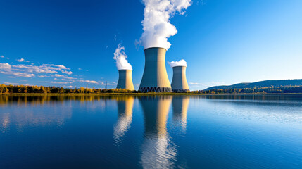 Cooling towers nuclear power energy production industrial landscape water reflection blue sky environmental impact renewable energy technology power plant steam nature electricity generation