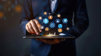 Businessman using a tablet to connect to a digital network.