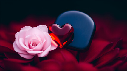 A red glass heart lies on red petals