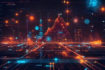 Poster - Futuristic Cityscape with Digital Overlays and Data Visualization