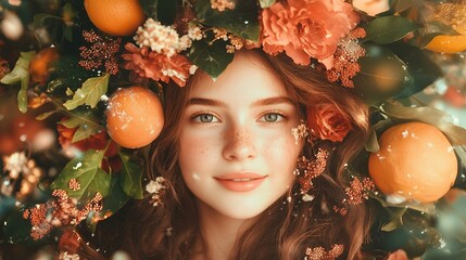 A woman is wearing a flower crown and has oranges on her head. She is smiling and looking at the camera