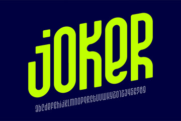 Aufkleber - Joker. Condensed style modern font, alphabet letters and numbers vector illustration