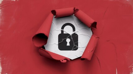 A broken red background features a padlock icon, symbolizing security and protection, evoking themes of digital safety and privacy.