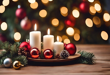 Festive holiday decorations with candles, ornaments, and pinecones set 