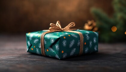 Wall Mural - Christmas Gift Wrapped in Festive Green Paper with Twine Bow, Joy and Anticipation for the Holidays