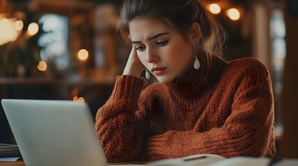 Sticker - Thoughtful Young Woman Working on Laptop in Cozy Cafe